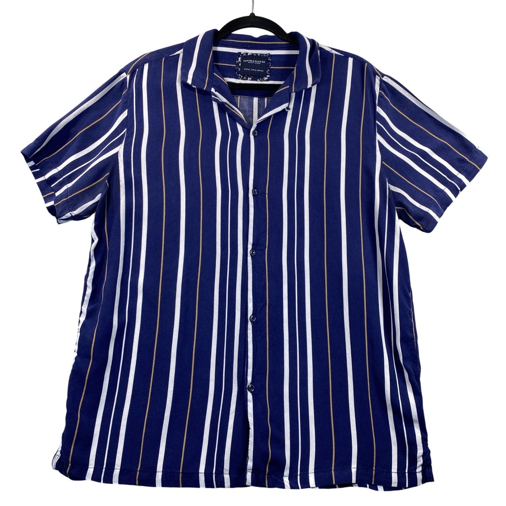 Denim & Flower Ricky Singh Mens XL Blue White Striped Viscose Camp Shirt Summer
